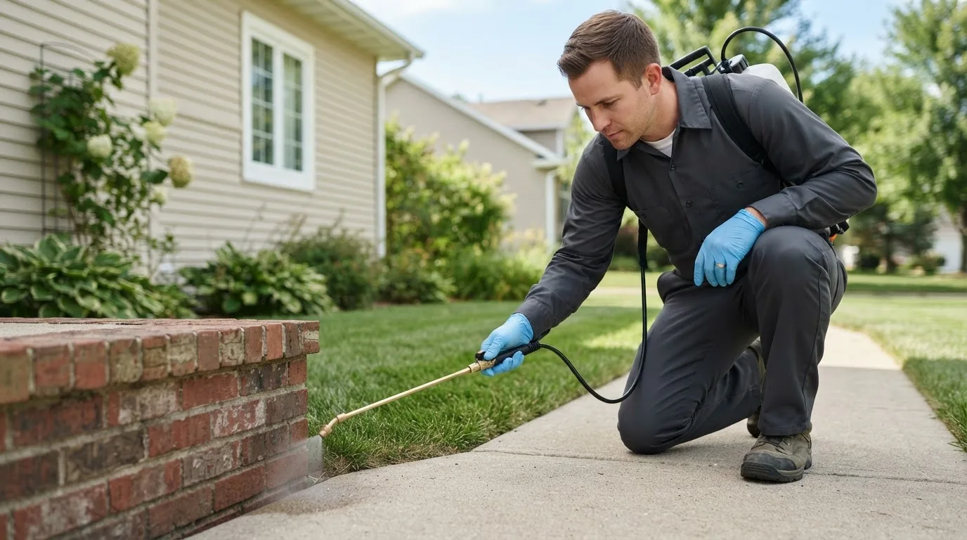 Pest control technician treating a home near Owaneco, IL