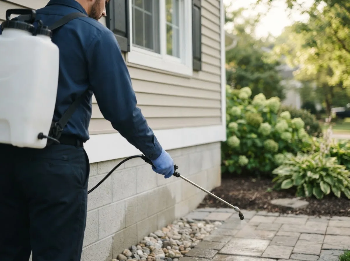 Pest control technician inspecting a home in Owaneco, IL